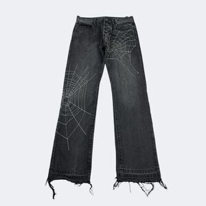 MNML Black Spider Web Jeans Black Size 29 Streetwear Grunge Distressed Button Up